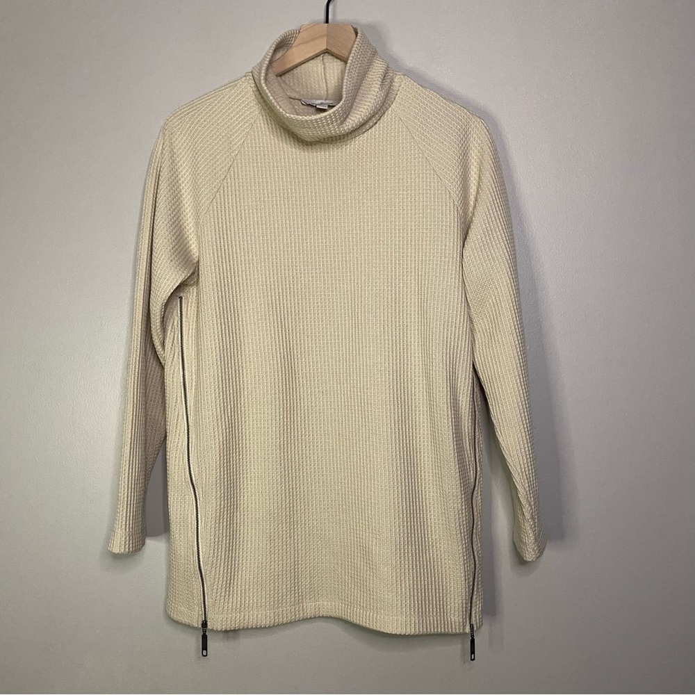 L.L. Bean Signature Waffle Knit Turtleneck Tunic Sweater Cream‎ Beige Side Zip M
